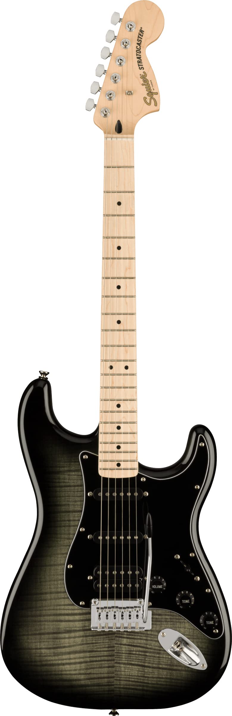 Fender Squier Affinity Stratocaster FMT HSS - Black Burst Bundle with Frontman 10G Amplifier, Gig Bag, Tuner, Instrument Cable,