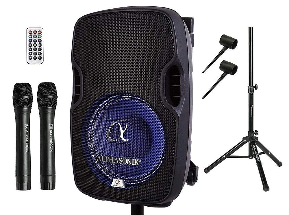 Alphasonik 10'' Portable Rechargeable Battery Powered 1000W Pro Dj Amplified Loud Speaker With 2 Wireless Microphones Echo Bluet