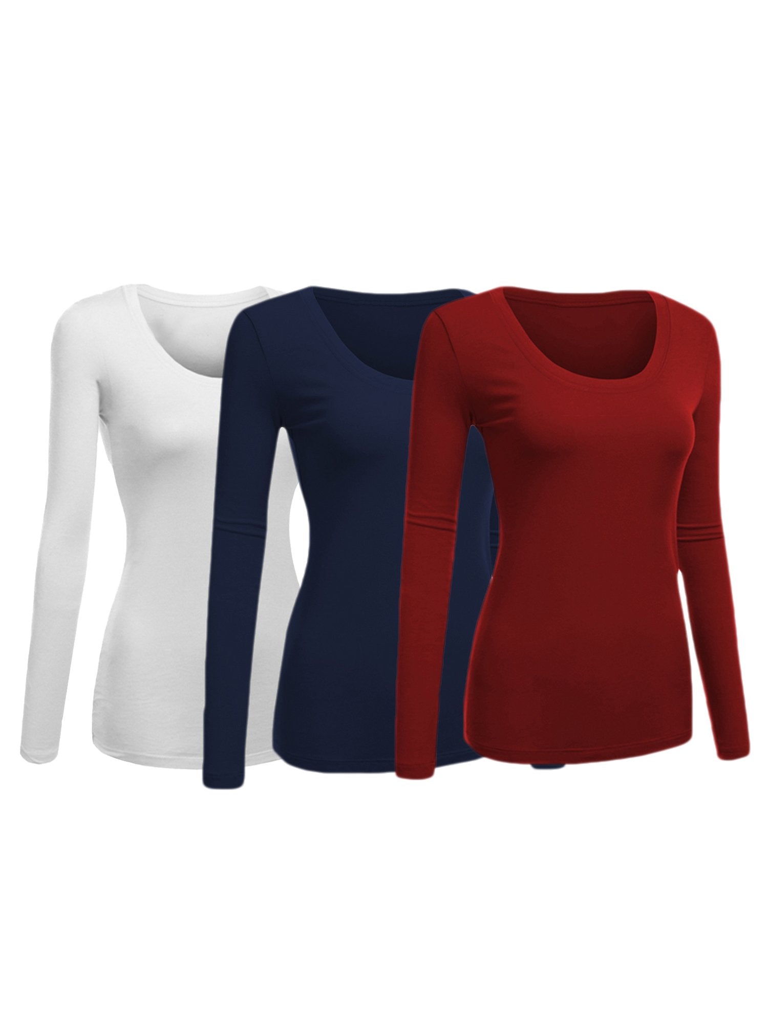 Emmalise Womens Junior And Plus Size Basic Scoop Neck Tshirt Long Sleeve Tee, Small, 3Pk White, Navy, Burgundy