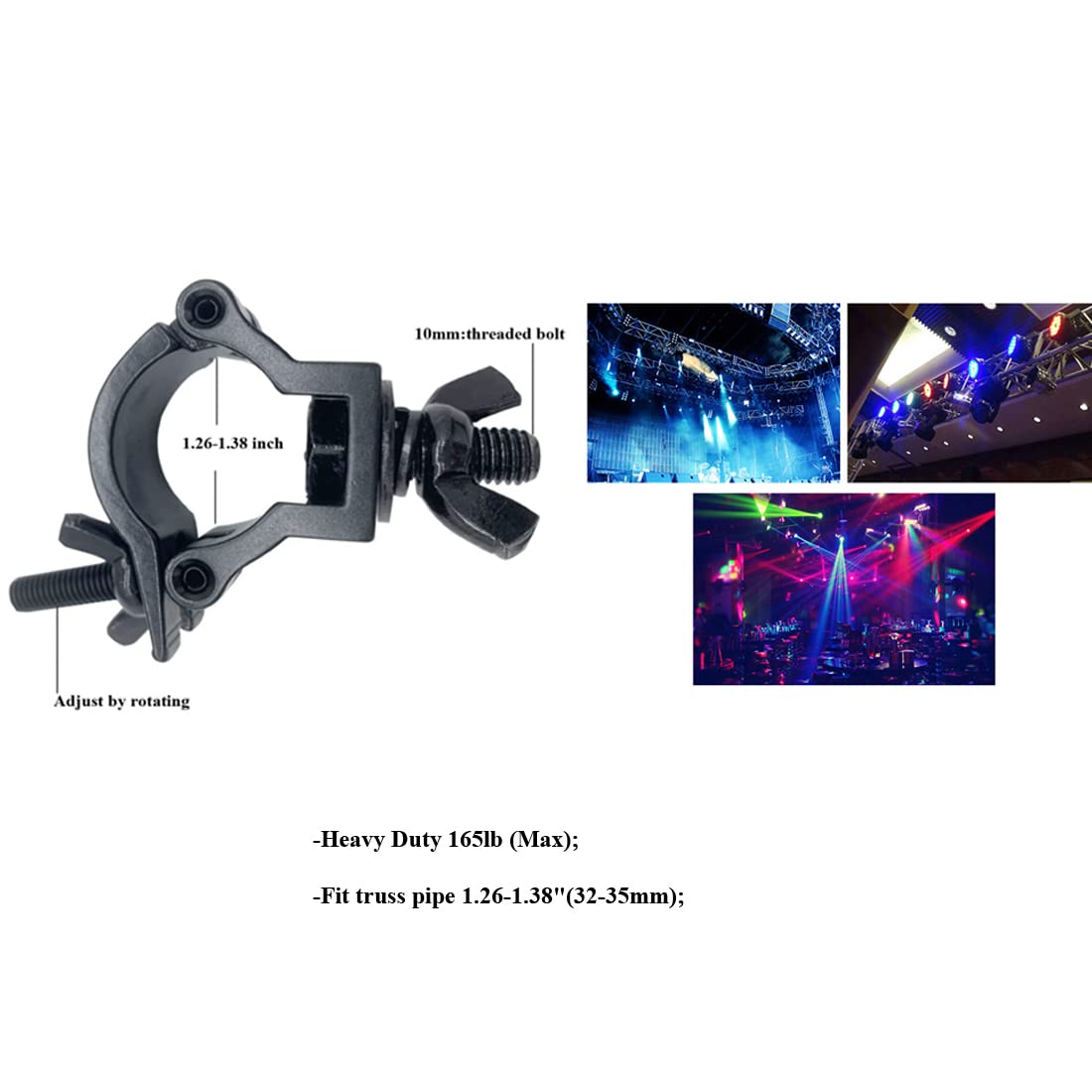 Quick O truss lighting clamp Fit 1.26-1.38'' heavy duty aluminum alloy 165 LBs Hook Clamps for DJ lighting truss clamps (Black)