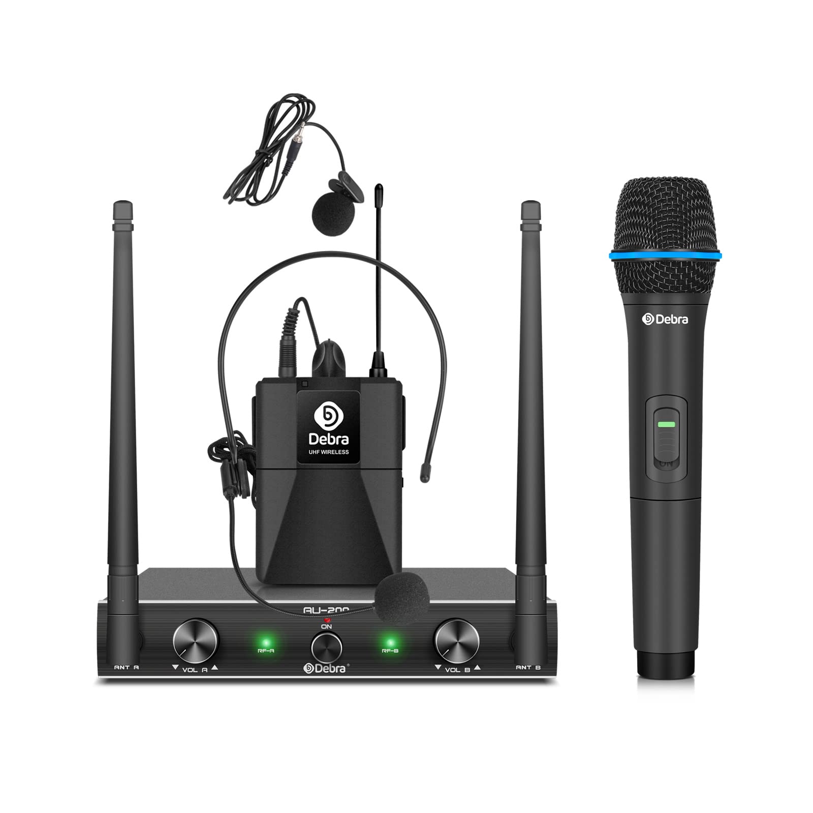 D Debra Audio Au200 Pro Uhf 2 Channel Wireless Microphone System With Cordless Handheld Lavalier Headset Mics, Metal Receiver, F