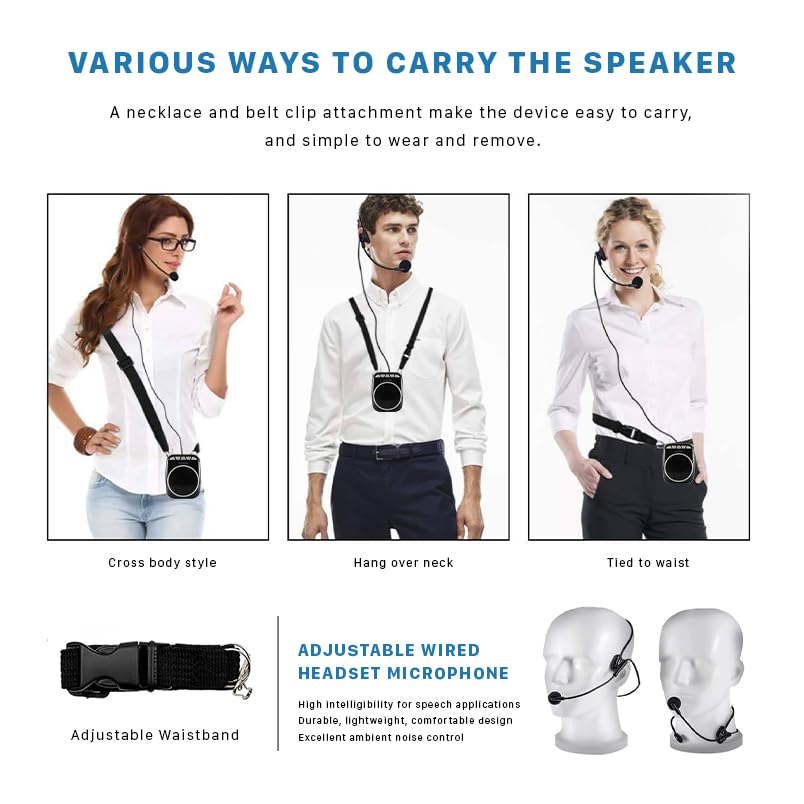 WinBridge WB001 Portable Voice Amplifier with Headset Microphone Personal Speaker Mic Rechargeable Ultralight for Teachers, Elde