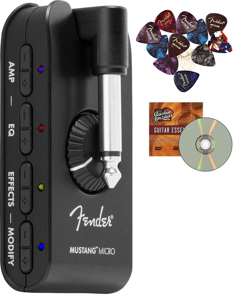 Fender Mustang Micro Personal Guitar Amplifier Bundle With Austin Bazaar Exclusive 12-Pack Picks And Instructional Dvd