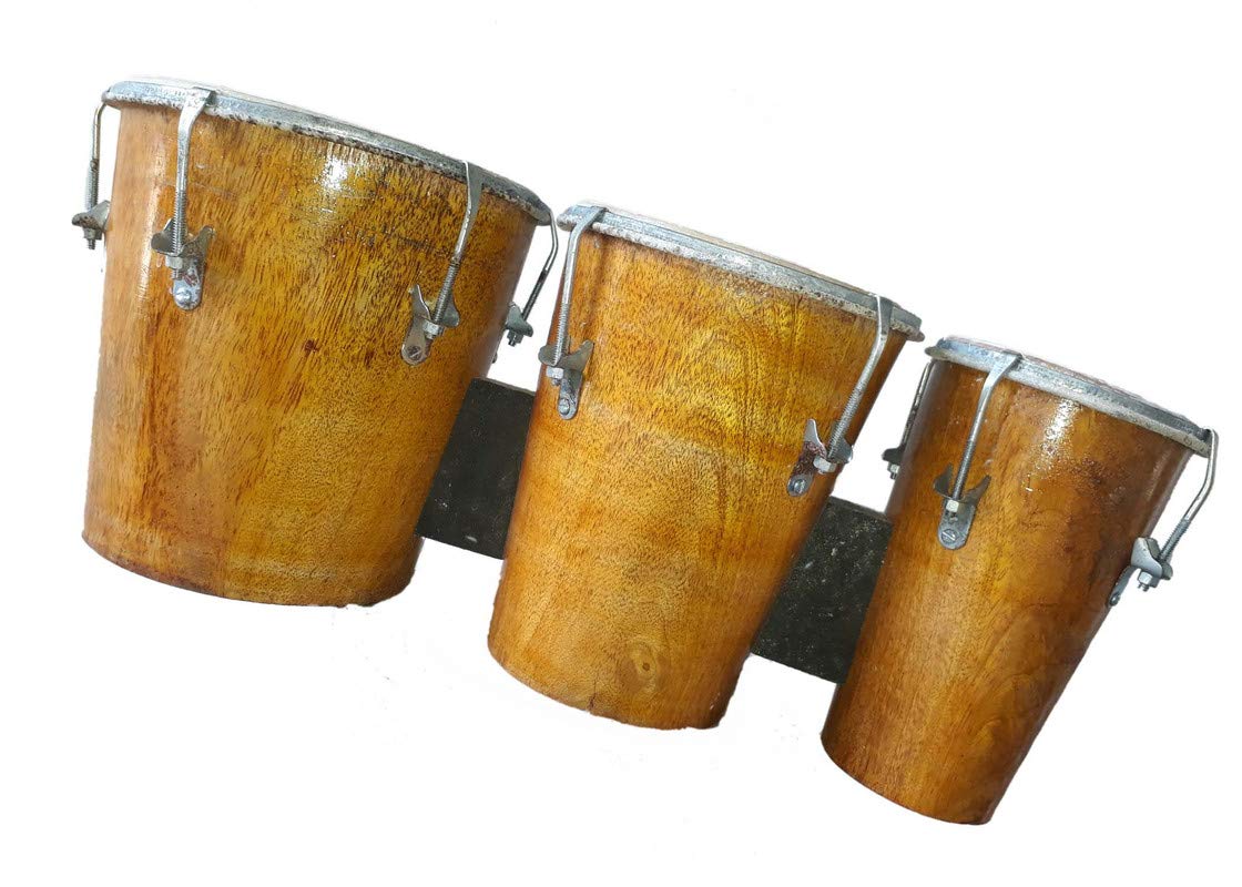 Ganpati Traders 8 Inch Professional Three Piece Hand Made Mango Wooden Bango Drum Set (Natural)