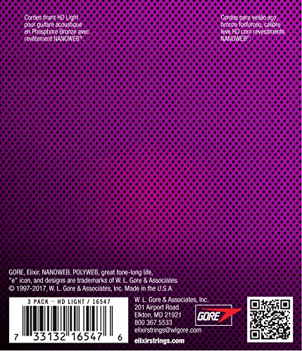 Elixir Strings 16547 Acoustic Phosphor Bronze Guitar Strings with NANOWEB Coating, 3 Pack, HD Light (.013-.053)