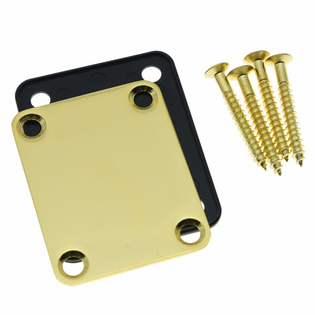 4-Bolt Electric Guitar Replacement Neckplate Bass Metal Neck Plate with Screws for Fender Strat Tele or Basses Gold