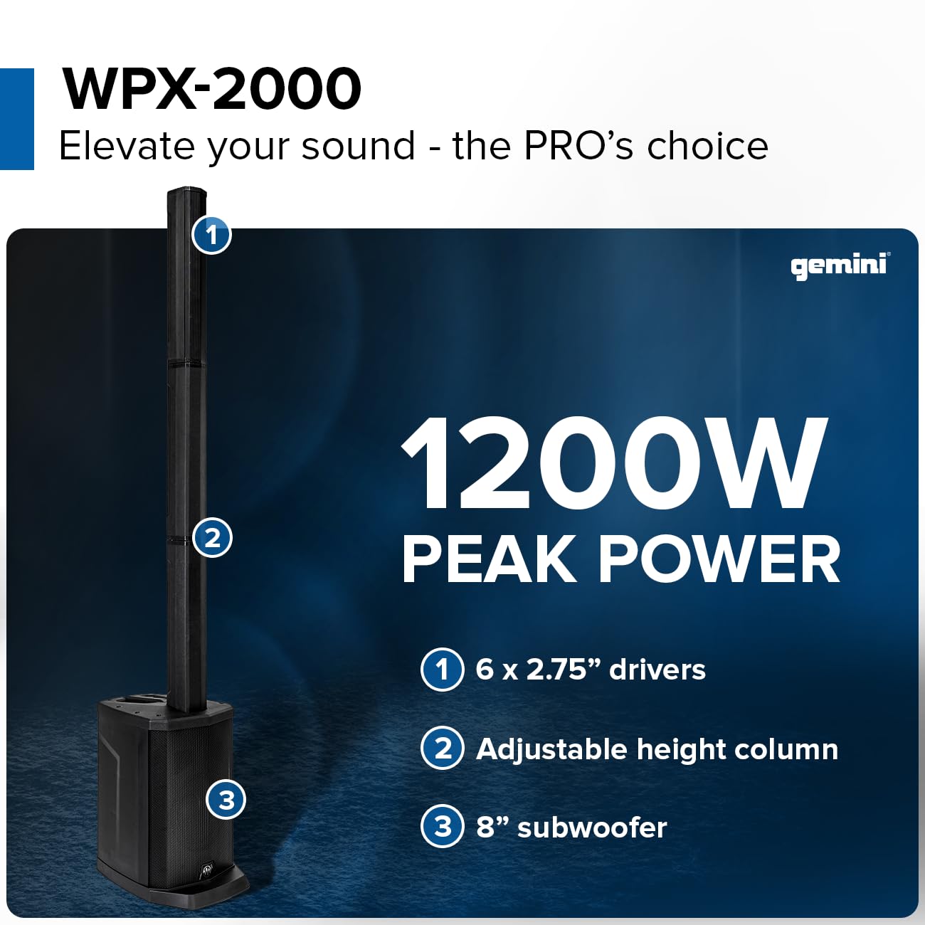 Gemini Sound WPX-2000 Active Column Line Array Speaker 1200W Peak Power Portable PA, Bluetooth, TWS Link, Adjustable Reverb, Hig