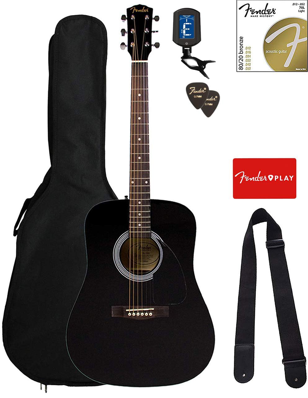 Fender Dreadnought Acoustic Guitar - Black Bundle With Gig Bag, Tuner, Strings, Strap, Picks, And Fender Play Online Lessons