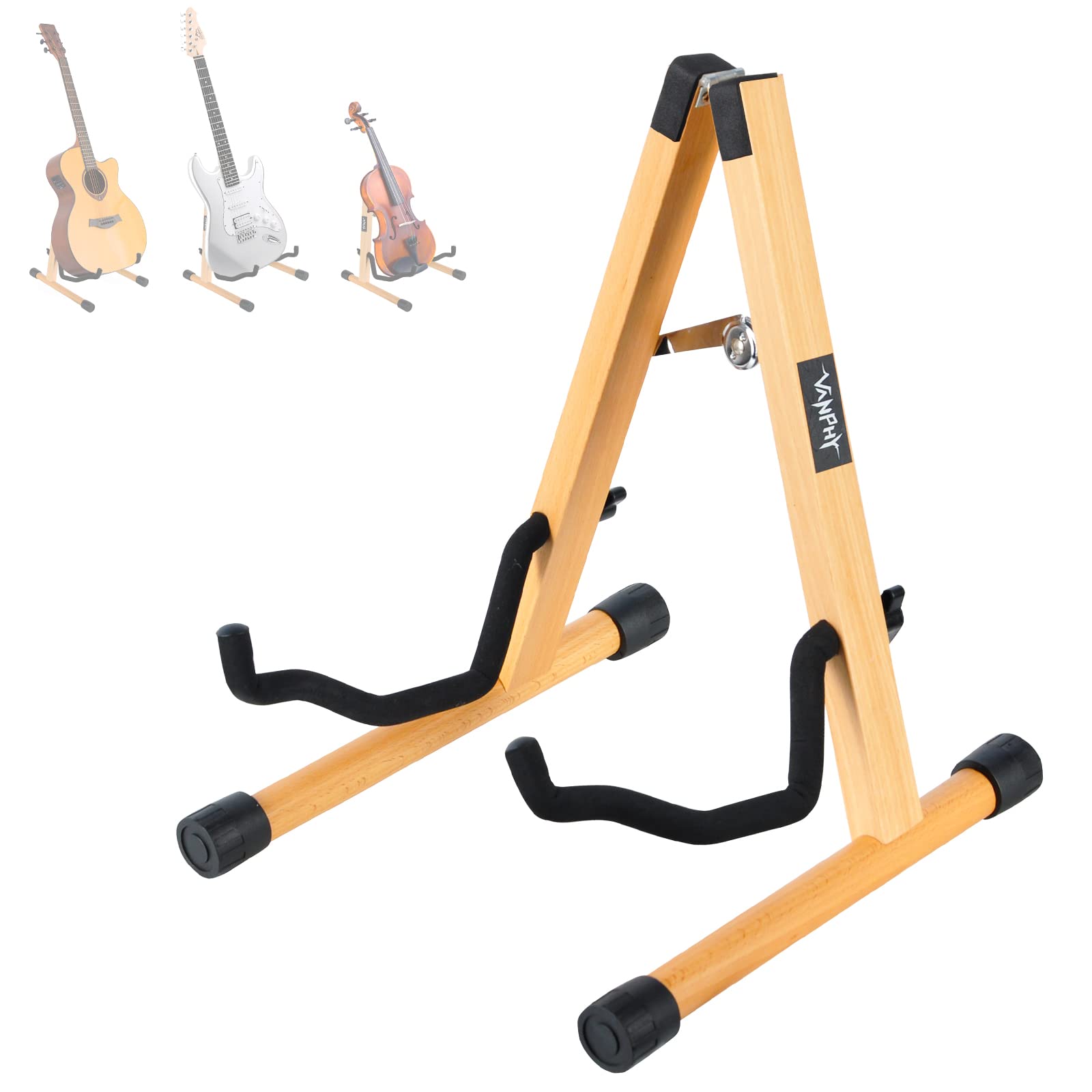 Vanphy Adjustable Beech Wood Guitar Stand, Folding Electric Acoustic Guitar Stand Floor, Bass Stand Wooden With Padded, Classica