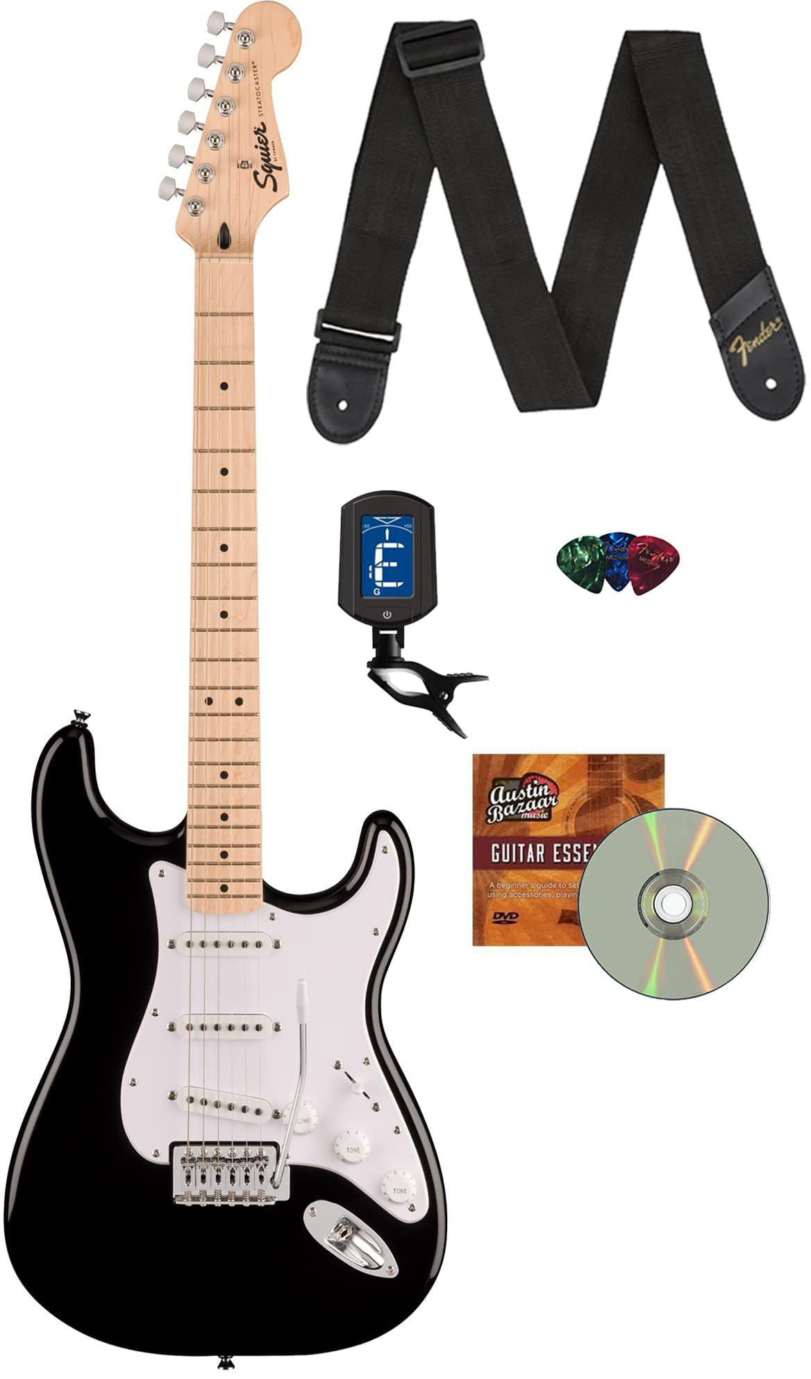 Fender Squier Sonic Stratocaster - Black Bundle With Tuner, Strap, Picks, And Austin Bazaar Guitar Dvd