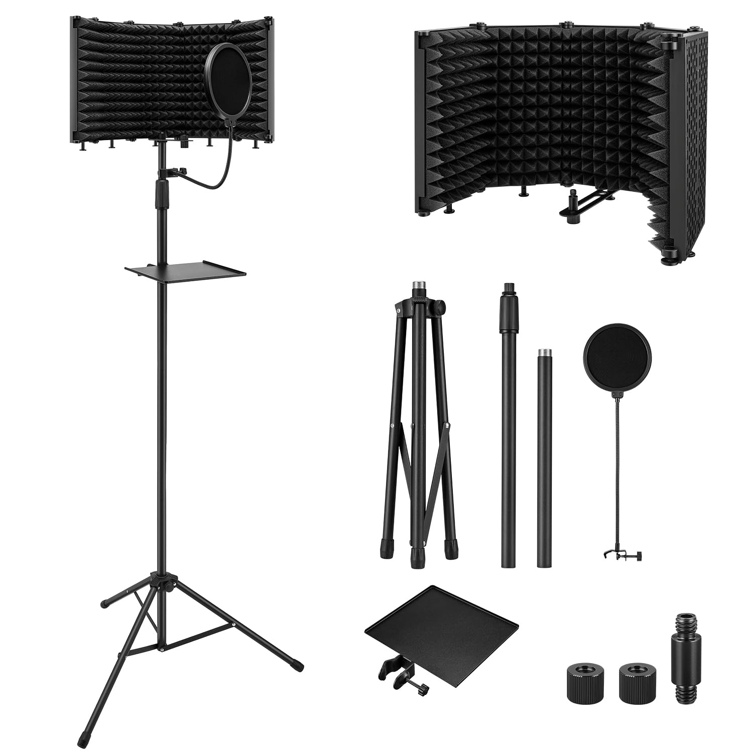 Moukey Microphone Isolation Shield with Pop Filter & Tripod Stand, Foldable Mic Shield with Triple Sound Insulation, High Densit