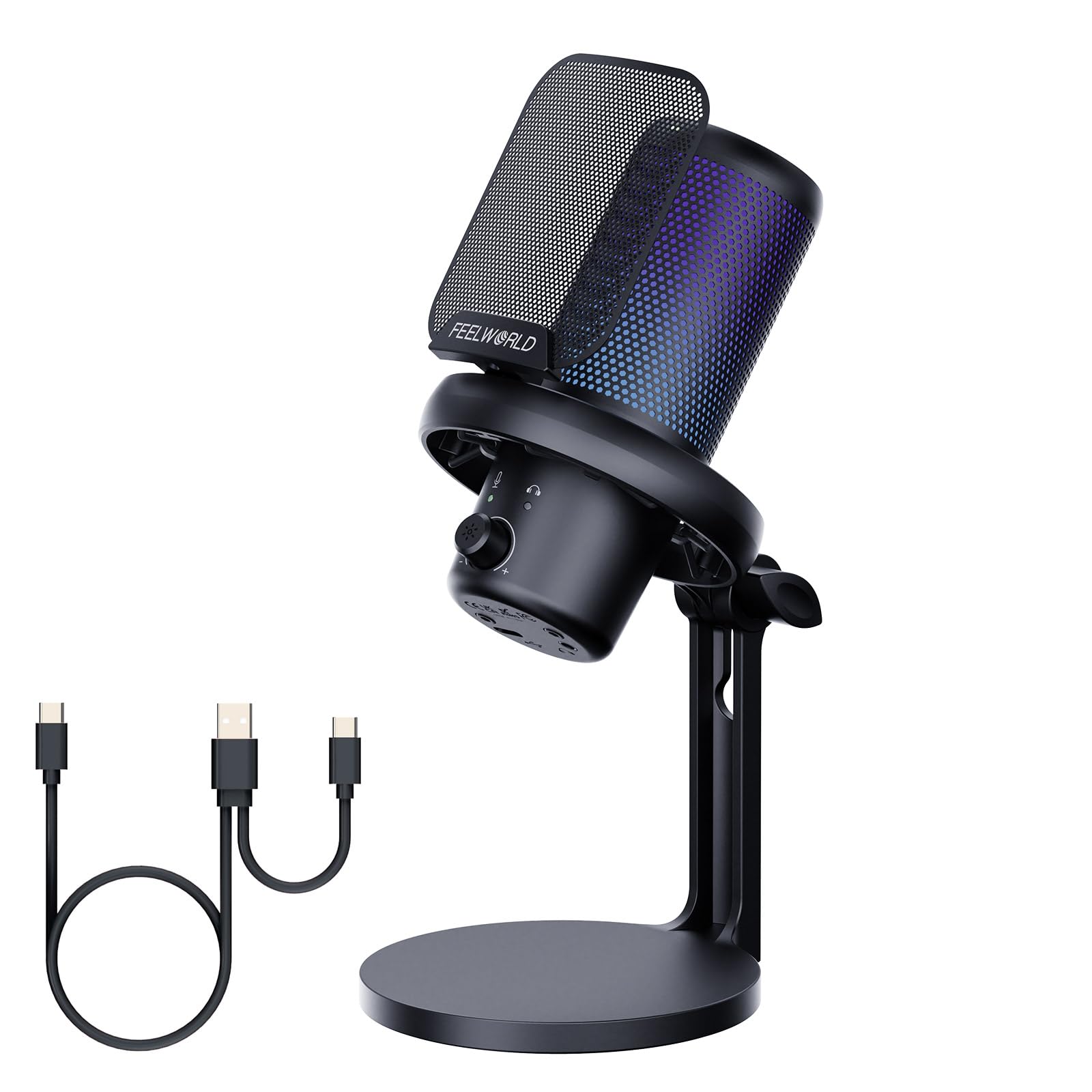 FEELWORLD VM1 Gaming PC USB Microphone Condenser Mic with Noise Cancellation Mute RGB Light, Computer Accessories Gifts for Game