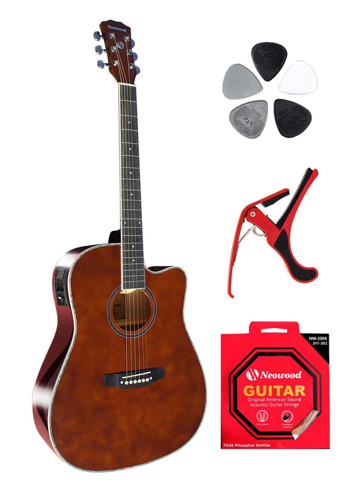 Neowood (Fly-Dcme-Cf) Dreadnought Cutaway Electro-Acoustic Guitar With Matt Finish (Free Bag, Capo, Wilson String Set, 5Pc Picks