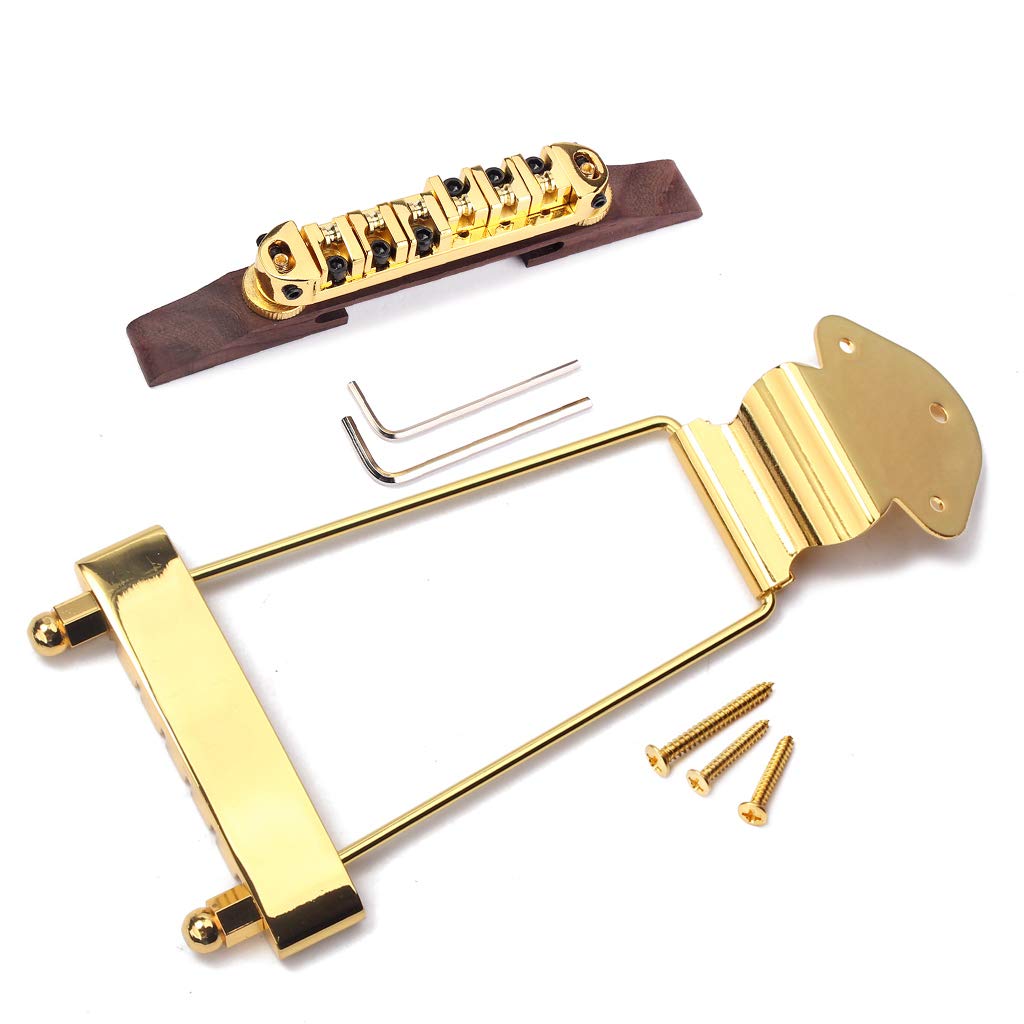 Ogdni 6 String Guitar Trapeze Tailpiece Bridge And Roller Tune-O-Matic Saddle Bridge For Jazz Archtop Guitar Replacement (Gold)