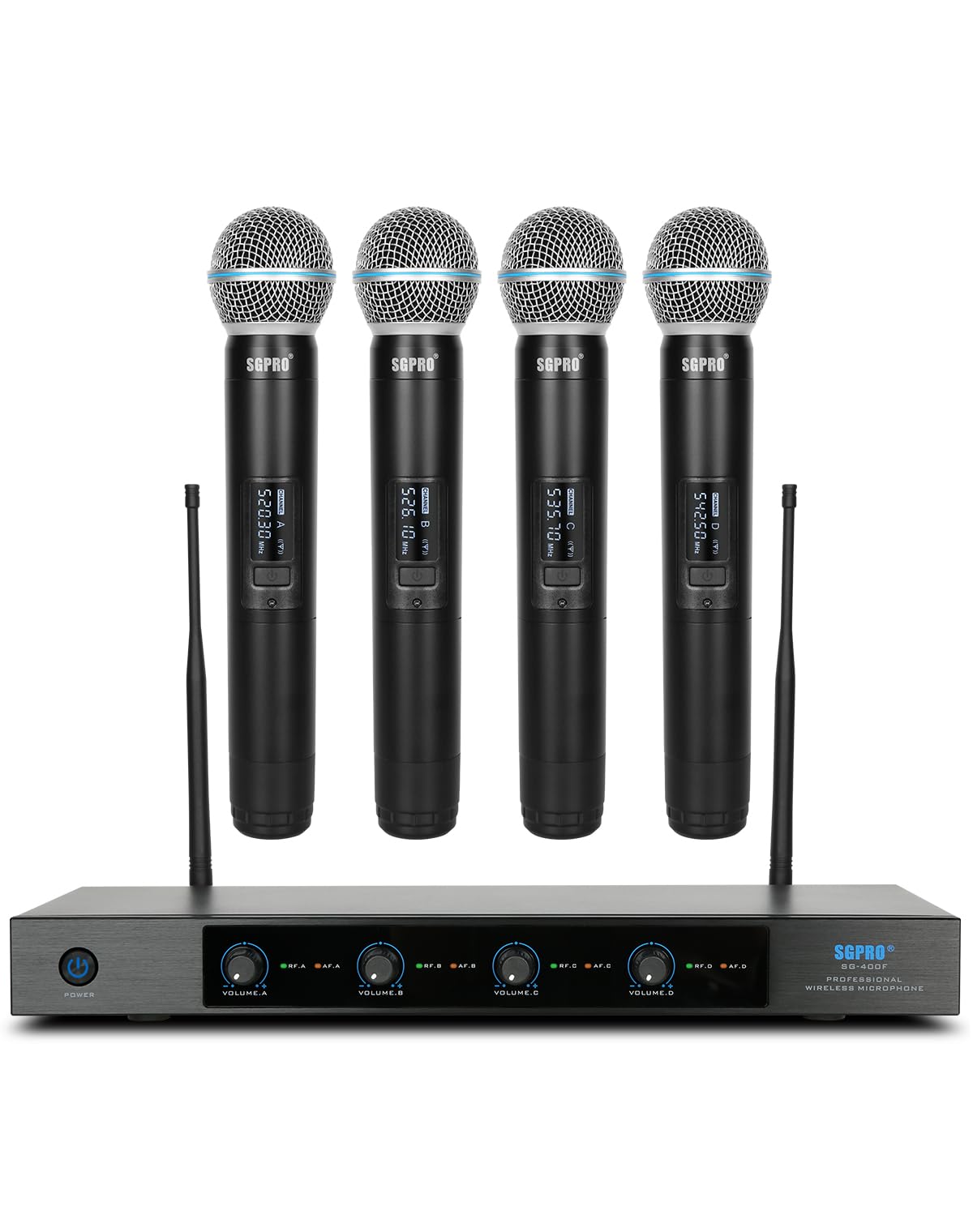 Sgpro 4-Channel Wireless Microphone System - 250Ft Range, Metal Mics & Receiver, Fixed Frequency Cordless Microphones Ideal For