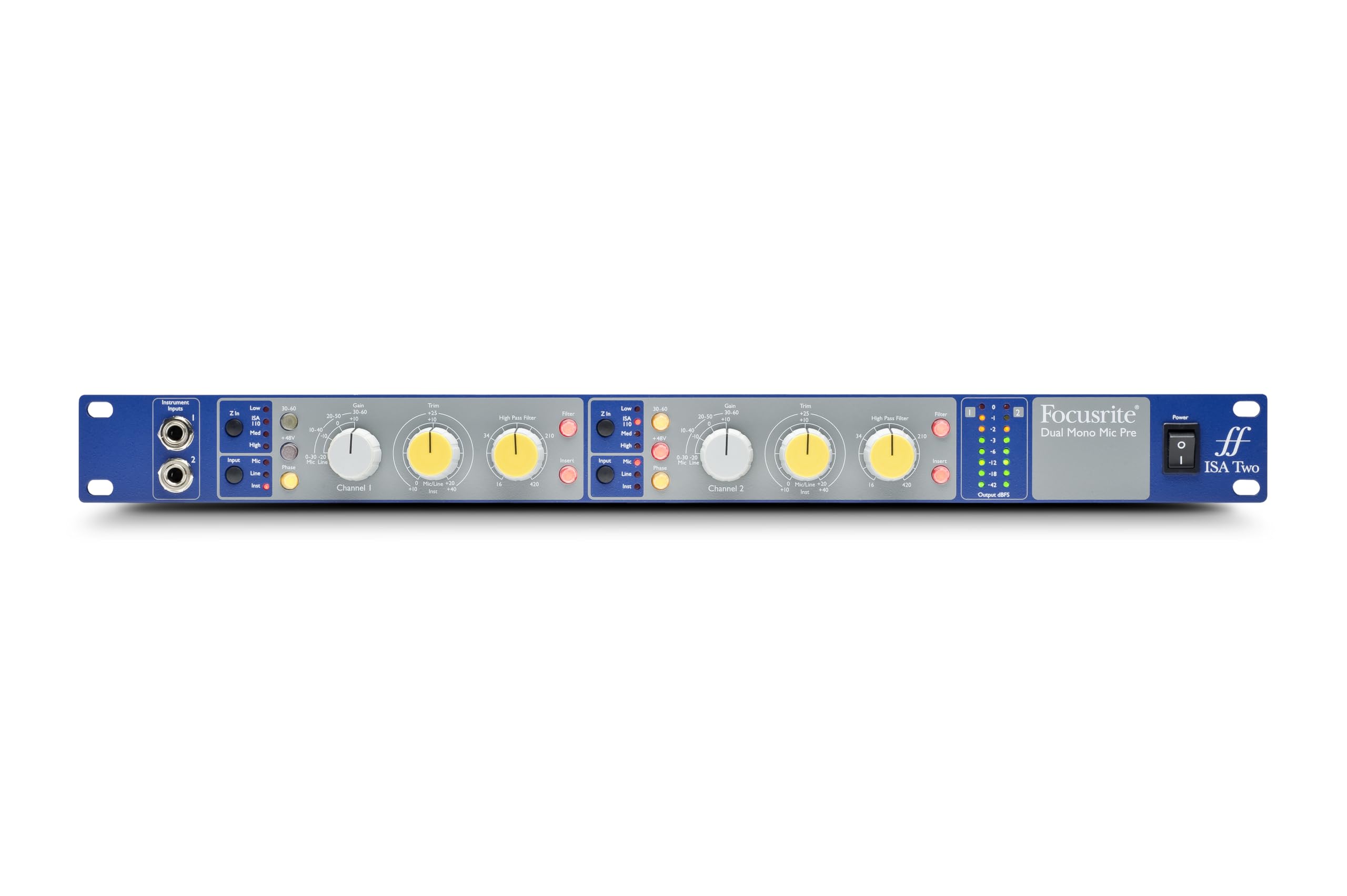 Focusrite ISA Two Classic rackmount dual mono mic preamp with variable impedance selector and high-pass filter per channel