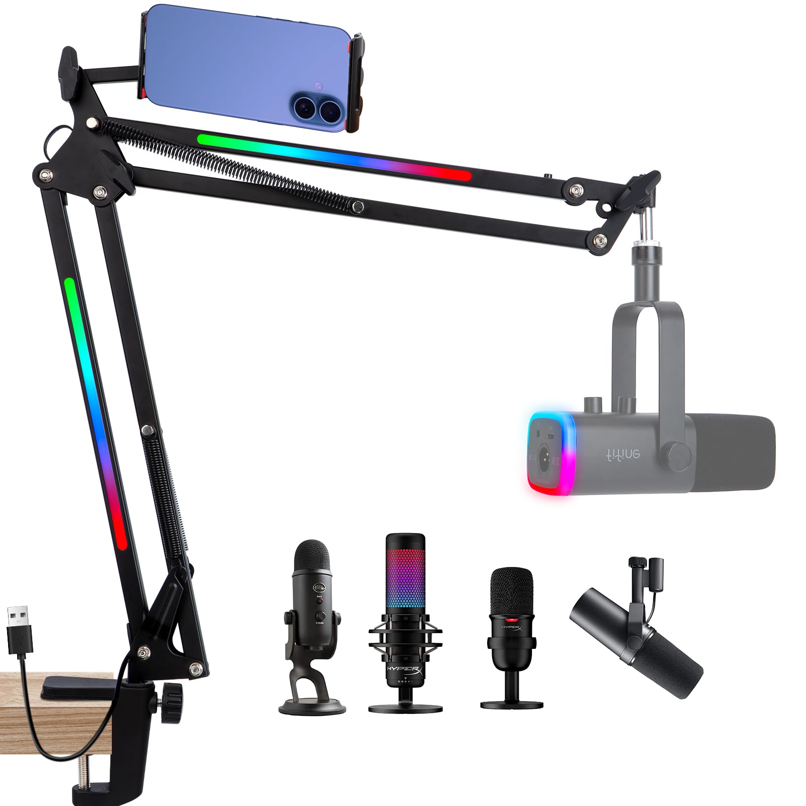 SUNMON RGB Boom Arm - Mic Arm With RGB Light, Adjustable 11 Light Modes, Microphone Boom Arm With Adapter Compatible with Fifine
