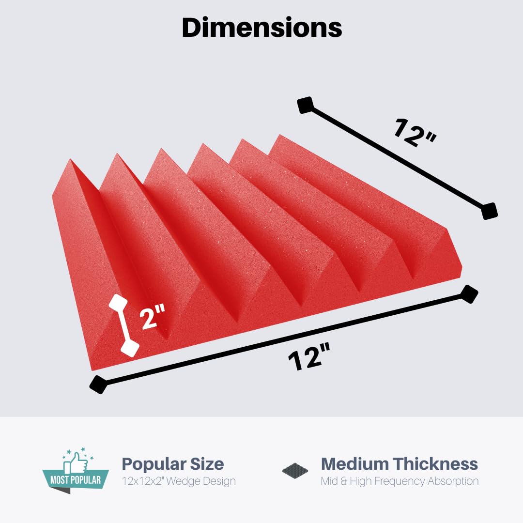 Soundproofing Acoustic Studio Foam - Red Color - Wedge Style Panels 12   x12   x2    Tiles - 4 Pack