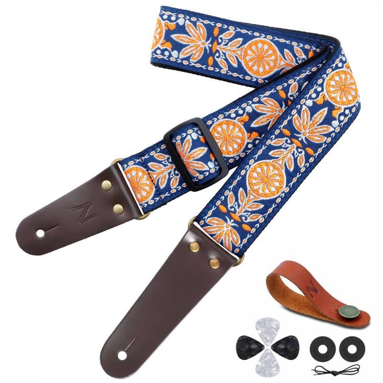 Nefelibata Guitar Strap, Vintage Cotton Guitar Straps With Genuine Leather Ends For Bass, Electric & Acoustic Guitars, Come With
