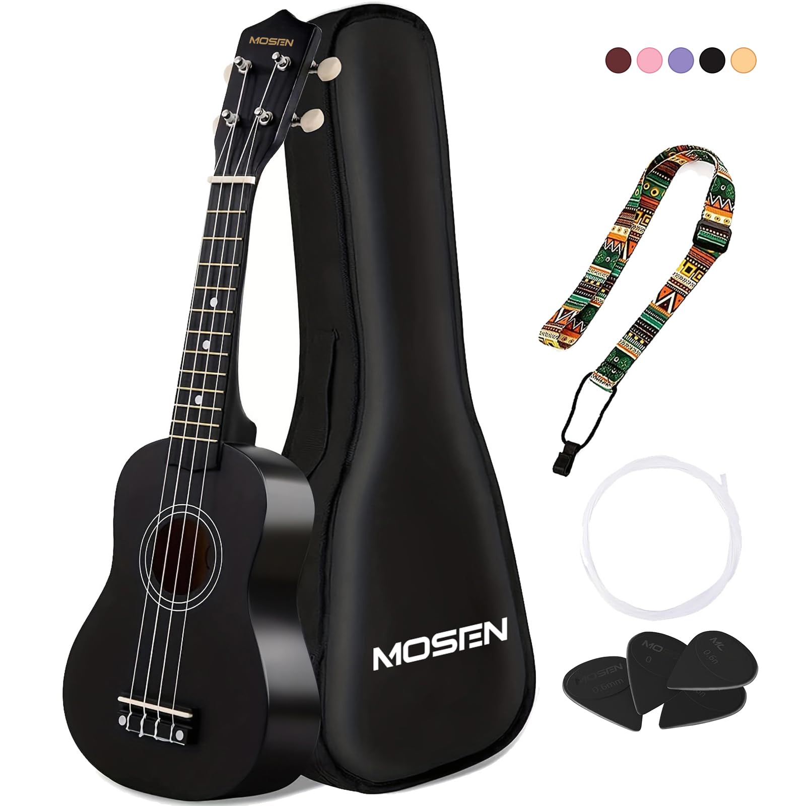 MOSEN Ukulele for Beginners 21 Inch All in One Kit Beginner Professional Ukulele Including Straps, Strings, and Paddles (Black)