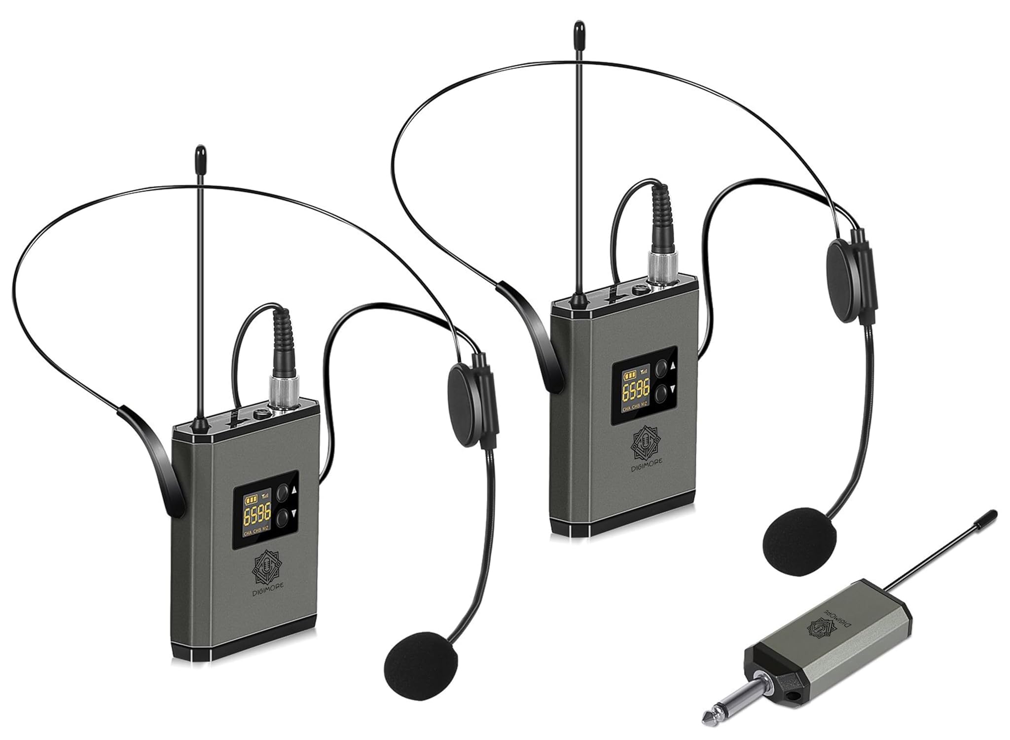 Digimore Uhf Dual Wireless Headset Microphone With Transmitter And Mini Rechargeable Receiver 1/4 Output For Conference, Stage P