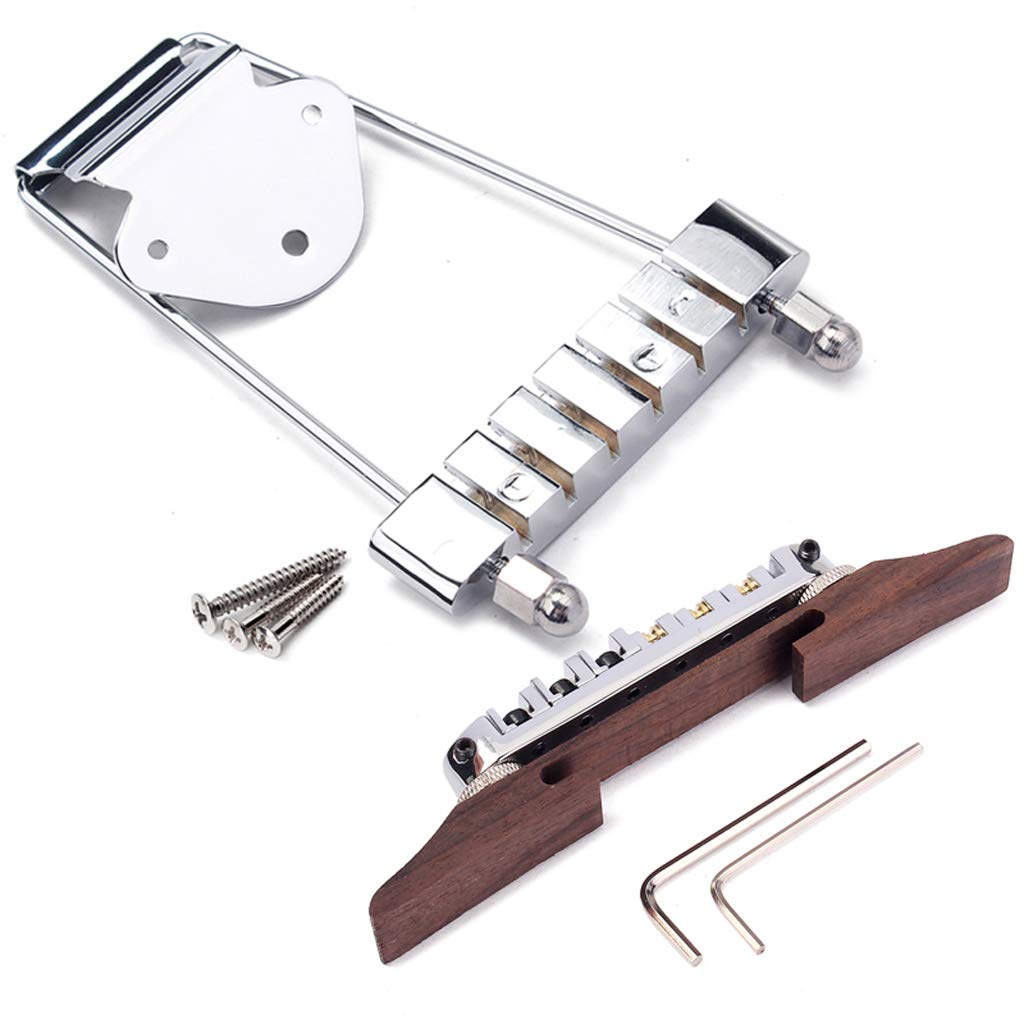 Ogdni 6 String Guitar Trapeze Tailpiece Bridge and Roller Tune-O-Matic Saddle Bridge for Jazz Archtop Guitar Replacement (Chrome
