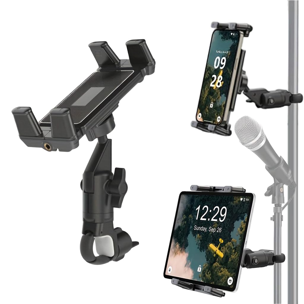 Hasthip Tablet Phone Holder For Microphone Stand, Universal Clamp Mount For 4.7-13 Tablets & Smartphones, 360 Rotating, Adjustab