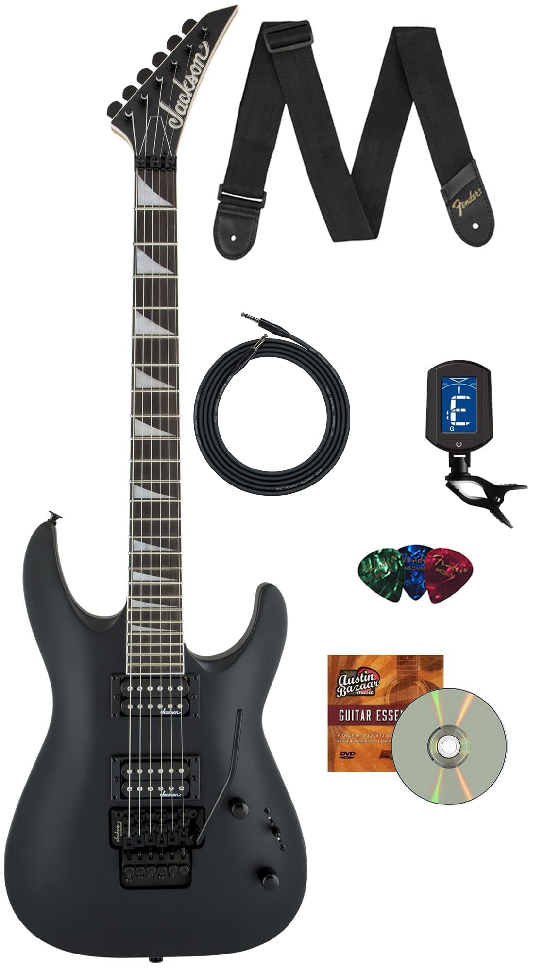 Jackson Dinky Arch Top Js32 Dka Electric Guitar - Satin Black Bundle With Cable, Tuner, Strap, Picks, And Austin Bazaar Instruct