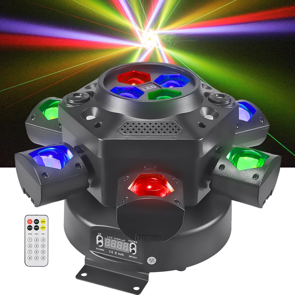 Moving Head DJ Lights, Olaalite 150W LED Stage Light 4-in-1 RGBW with 6 Arms Beam, Bee-Eyes Effect, Red Green Starry, White & Am