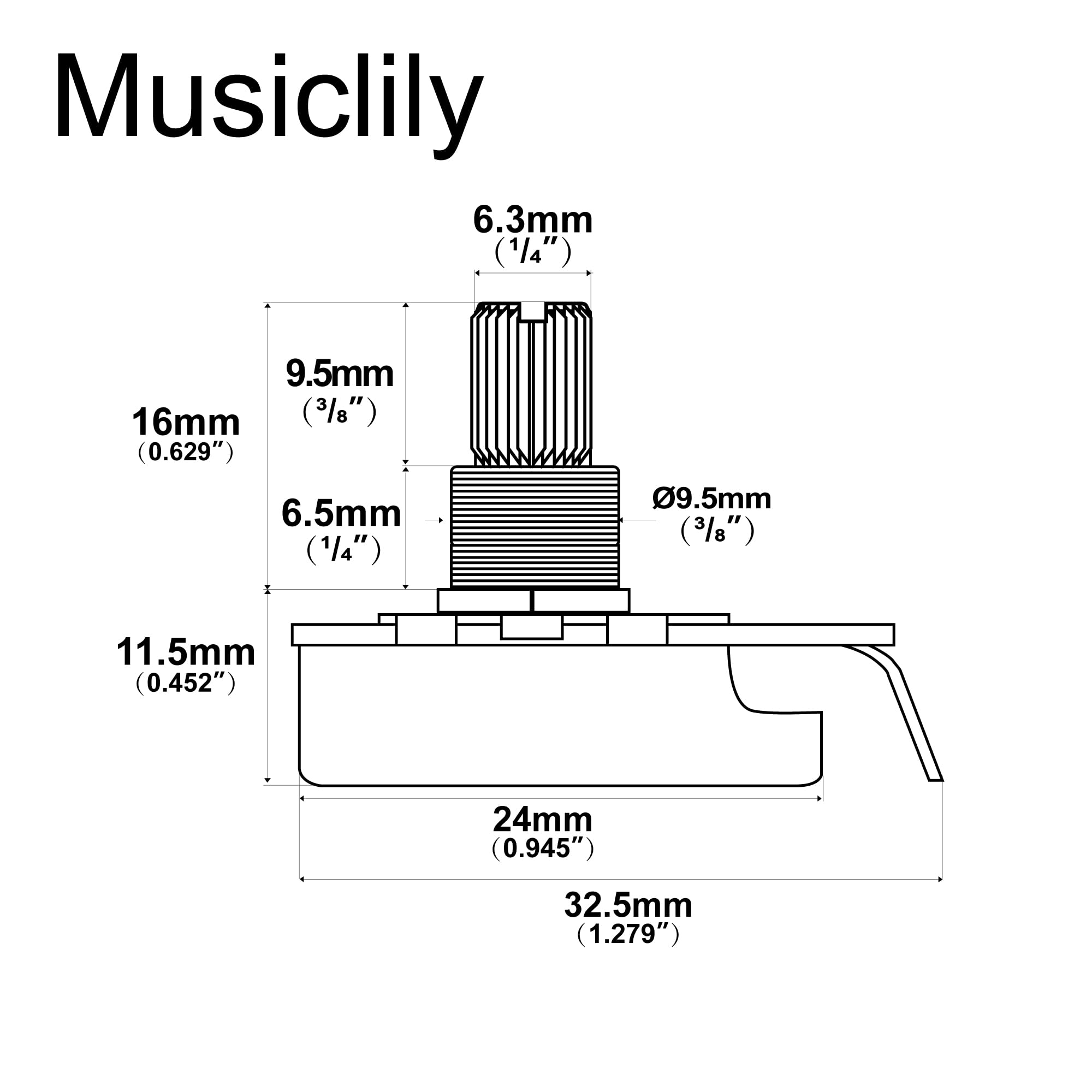 CTS A1M Inch Size Fine 24-Spline Split Nylon Shaft Short Bushing Pot Audio Taper Potentiometer for Jazzmaster Style Electric Gui