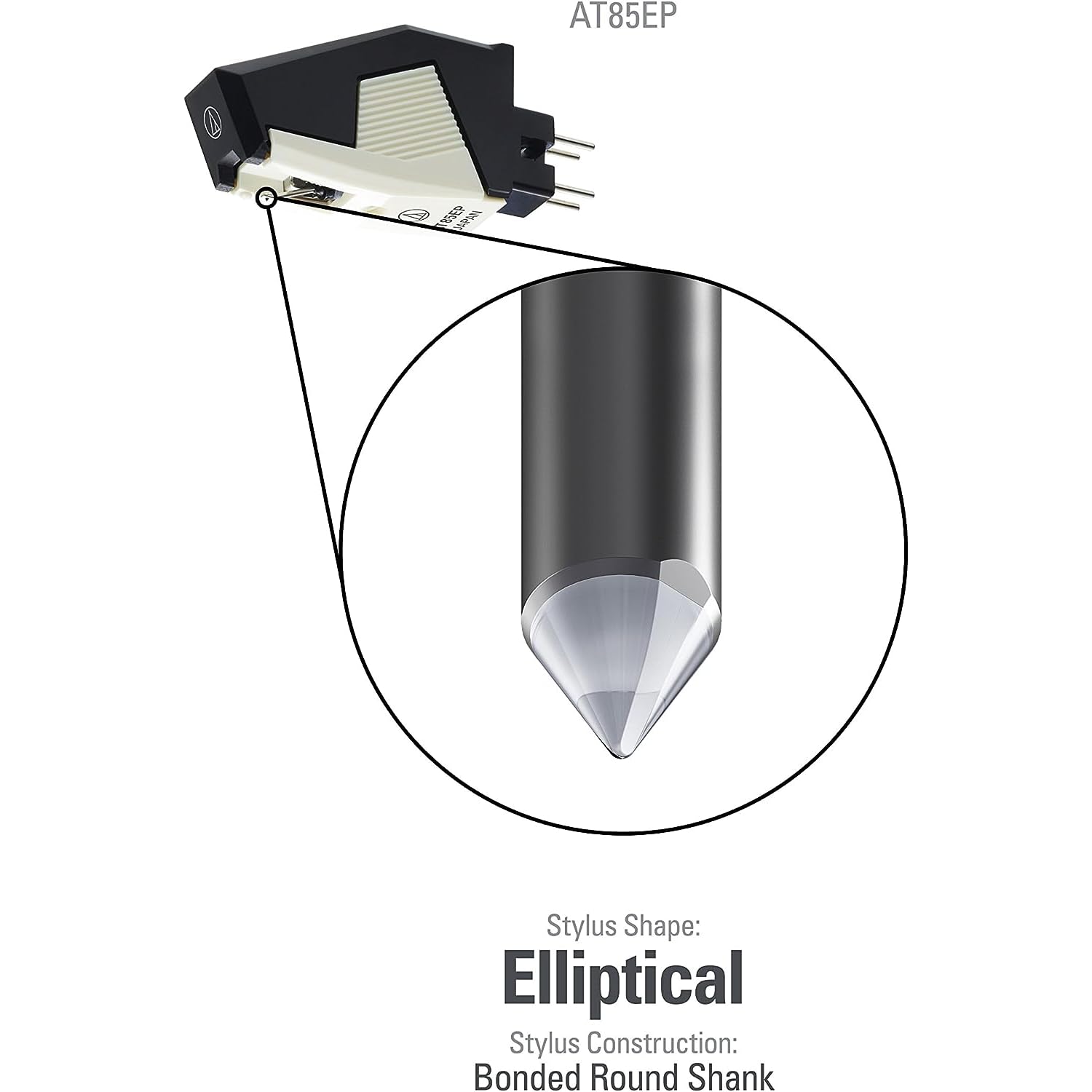 Audio-Technica AT85EP Turntable Cartridge with Elliptical Stylus P Mount, 0.3 x 0.7 mil elliptical cartridge,Black