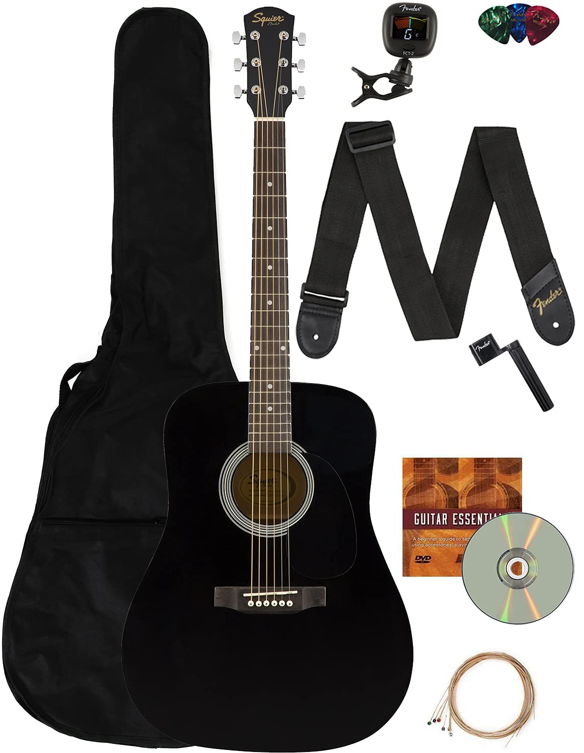 Fender Squier Dreadnought Acoustic Guitar - Black Learn-To-Play Bundle With Gig Bag, Tuner, Strap, String Winder, Picks, Online
