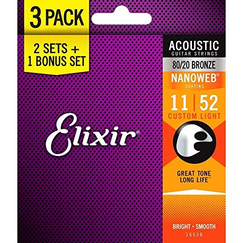 Elixir Strings 80/20 Bronze Acoustic Guitar Strings with NANOWEB Coating, 3-Pack, Custom Light .011-.052 (16538)