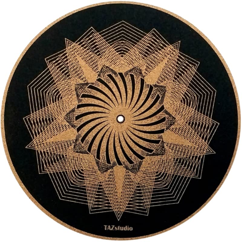 TazStudio Cork Turntable Mat for Better Sound Support on Vinyl LP Record Player - Original Geometric Design Psychedelic Geometri