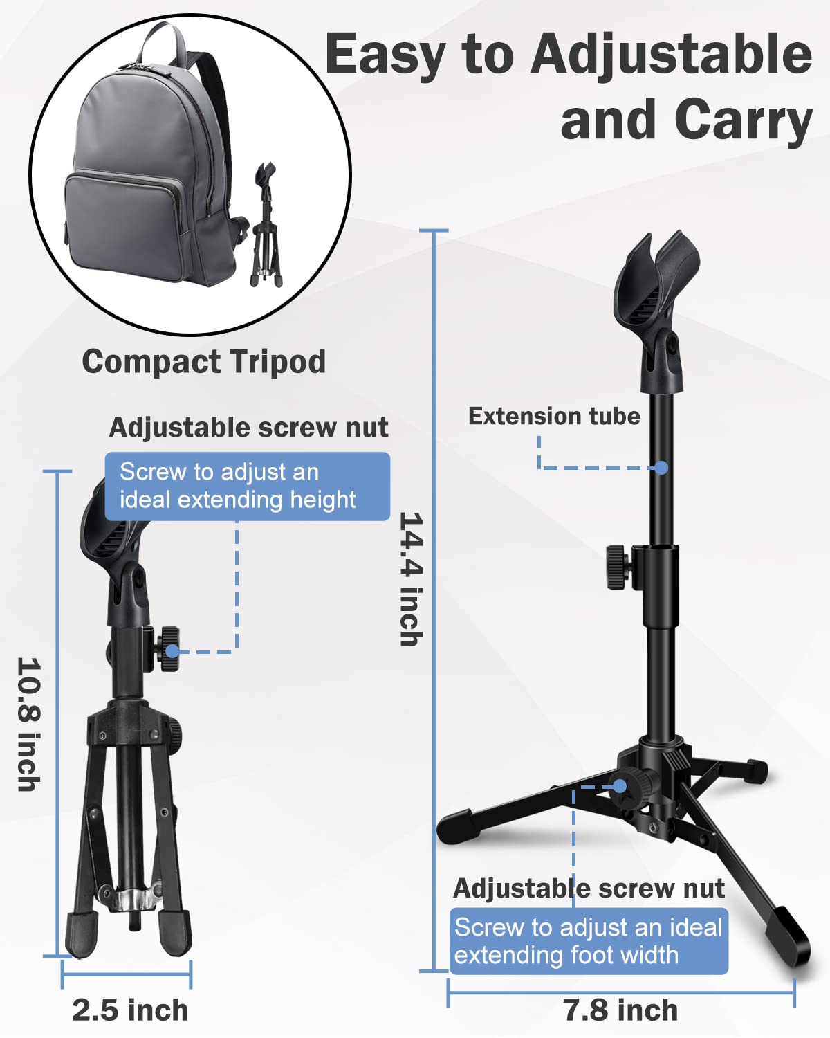 Mictop 2 Pack Desktop Mic Stand, Portable Foldable Tripod with Mic Clip Holder, Adjustable Microphone Stand For Dynamic Micropho