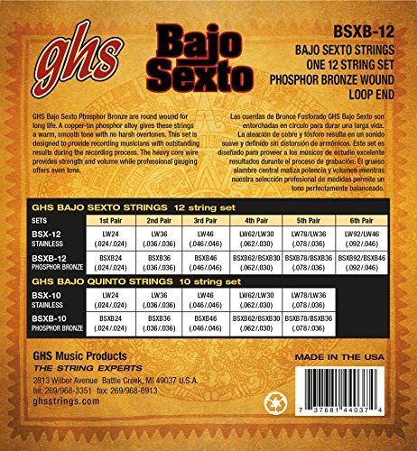 GHS Strings BSXB-12 GHS PHOSPHOR BRONZE BAJO SEXTO - Phosphor Bronze Bajo Sexto - 12 string Set