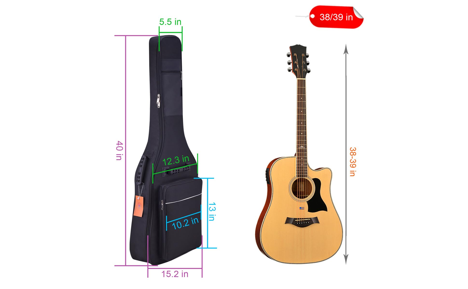 diboer Guitar Bag 39 Inch Acoustic Guitar Gig Bag Soft Case 0.35 Inch Thick Padding Classical Guitar Backpack Larger Pocket with