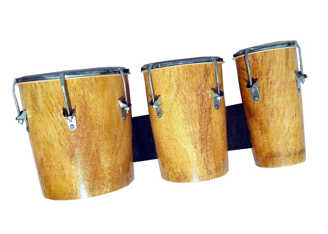 Ganpati Traders 8 Inch Professional Three Piece Hand Made Mango Wooden Bango Drum Set (Natural02)