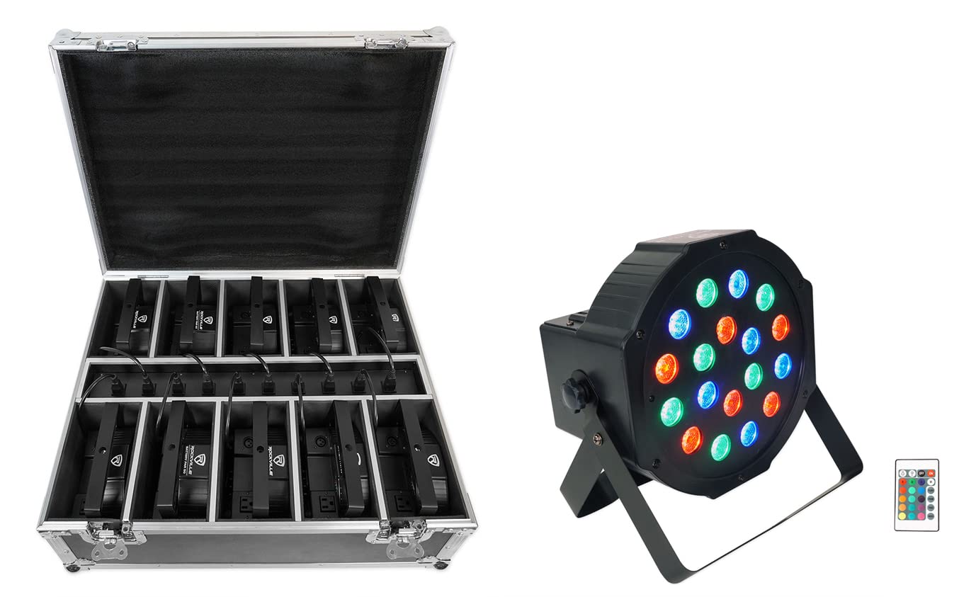 Rockville Battery PAR Pack 50 Black - 10 Pack Rechargeable RGB LED Par Lights with Case, Wireless DMX, 10Hr Battery, Event Stage