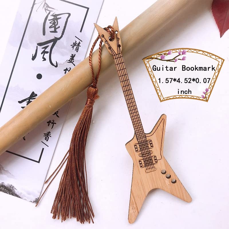 Bamboo Guitar Bookmark with Tassel Bass Bookmarks for Men Women Book Lovers Bass Guitar Band Gifts for Men Women Book Marks Acce