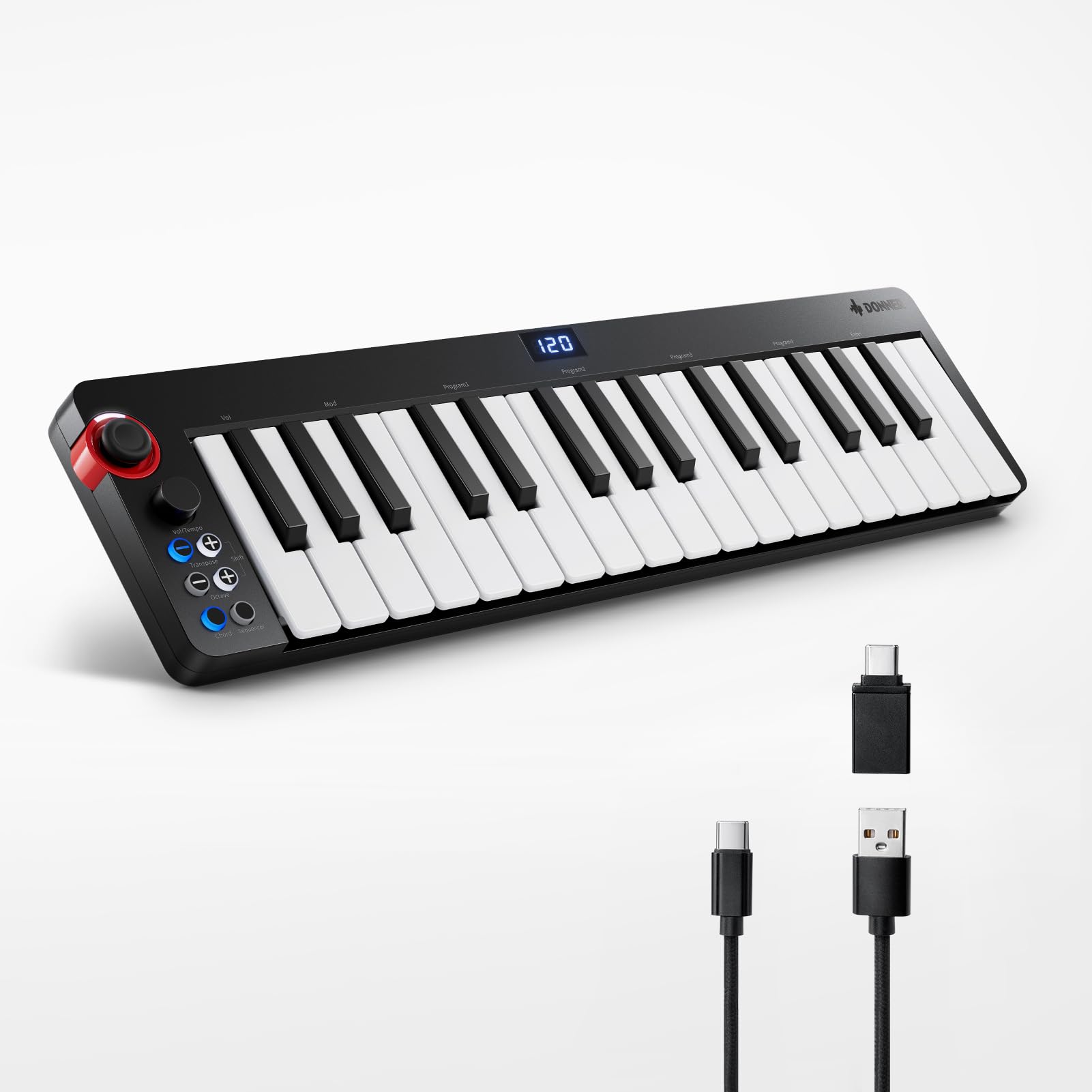USB MIDI Keyboard Controller MINI 32-Key, Donner N-32 with Screen, Sequencer, Chord, Bend Sound Effects By Light-up Joystick for