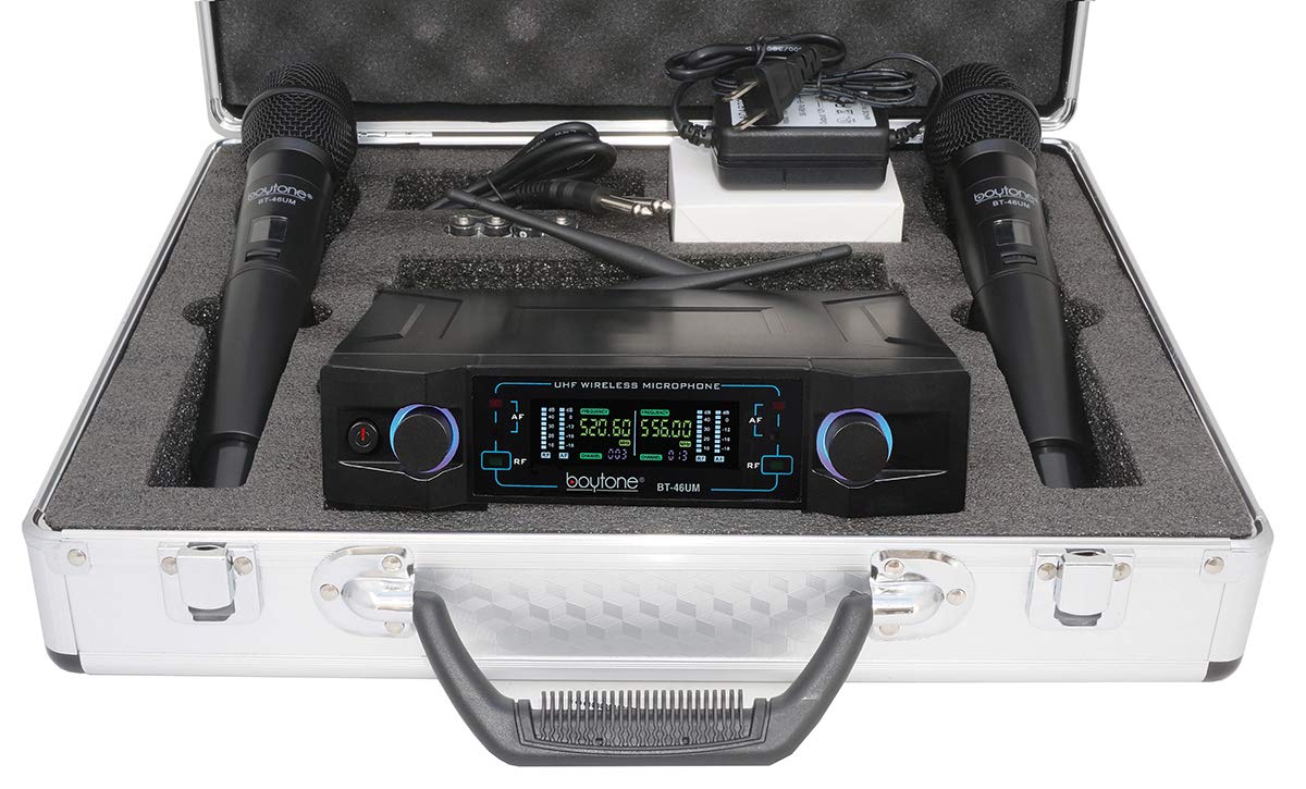 Boytone BT-46UM Wireless Microphone System, Dual UHF Cordless Mic Set, Long Distance 150-200Ft,16 Hours Continuous, Fixed Freque