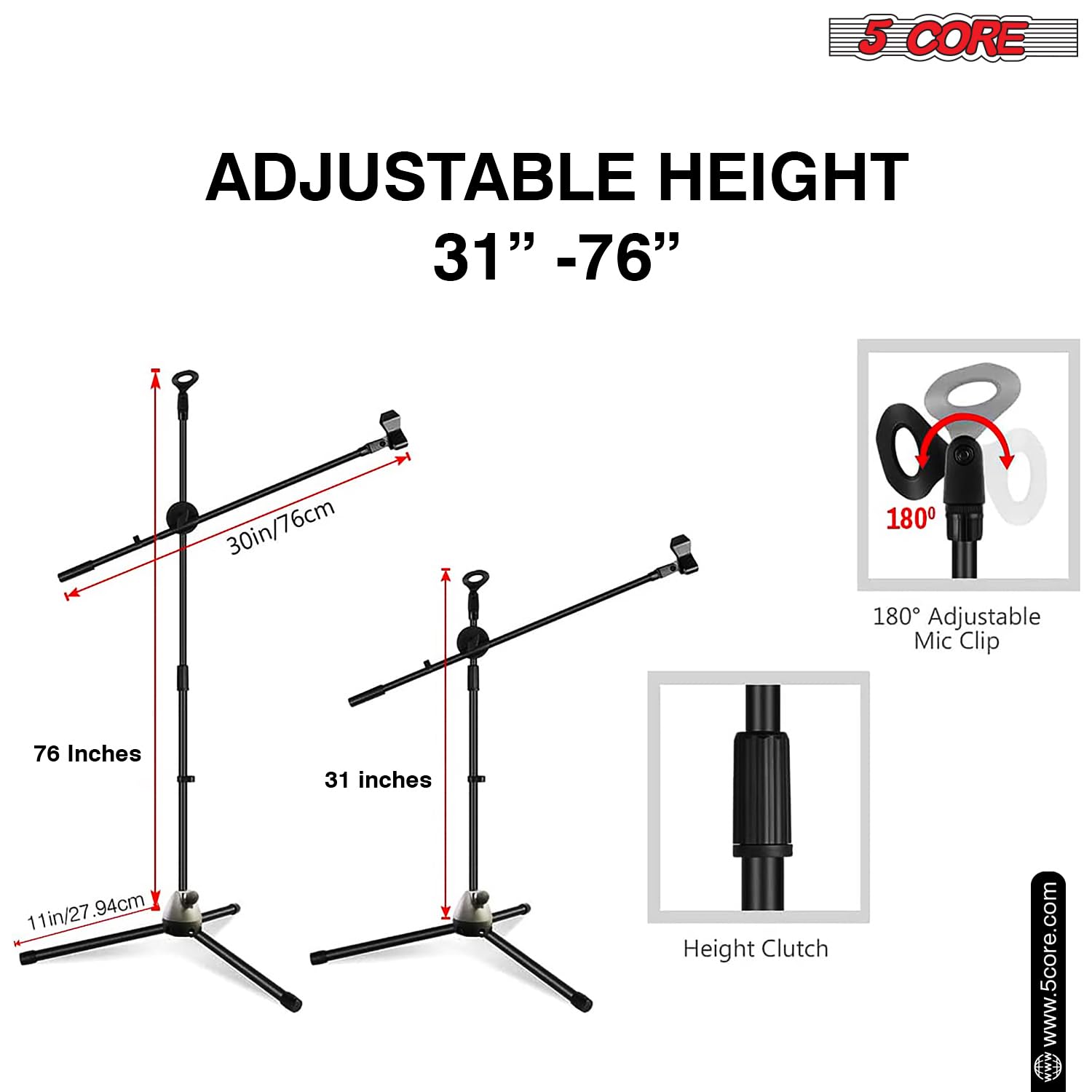 5 Core Tripod Mic Stand Floor 4Pcs Adjustable 31 to 76 Inches Boom Arm Holder Microphone Stands 360 Degree Rotating + Dual Mic M