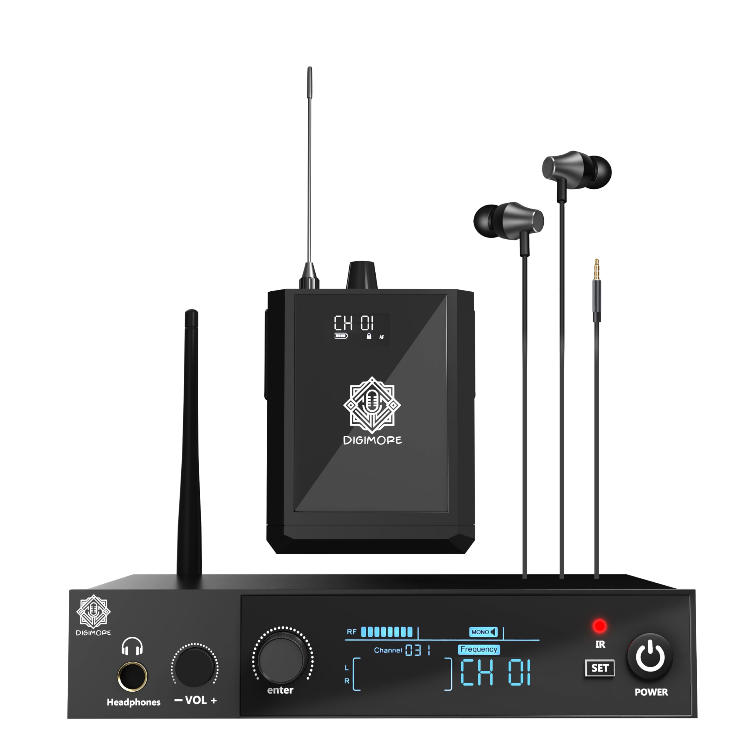 Digimore Uhf Wireless In-Ear Monitor System With Earphones | 300 Ft Range | Rack Mount | Professional Iem Stereo System Transmit
