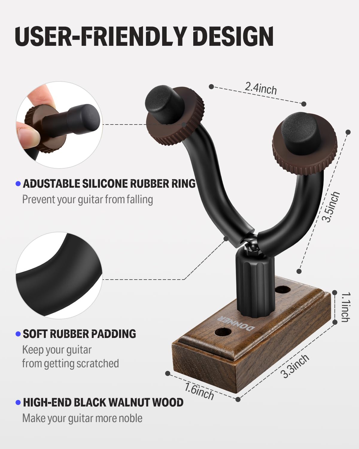 Donner Guitar Wall Mount, 3 Pack Guitar Wall Hanger, Black Walnut Guitar Hanger Wall Hook Holder Stand for Acoustic Electric Bas