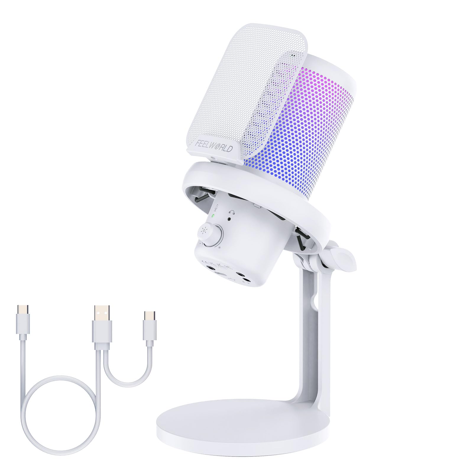 FEELWORLD VM1 White Gaming PC USB Microphone Condenser Mic with Noise Cancellation Mute RGB Light, Computer Accessories Gifts fo