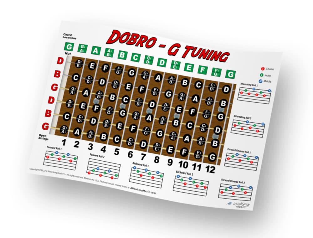 Dobro G Tuning Resonator Guitar Fretboard Note & Rolls Chart - Beginners & Intermediate Instructional Easy Poster Chords 11X17 |