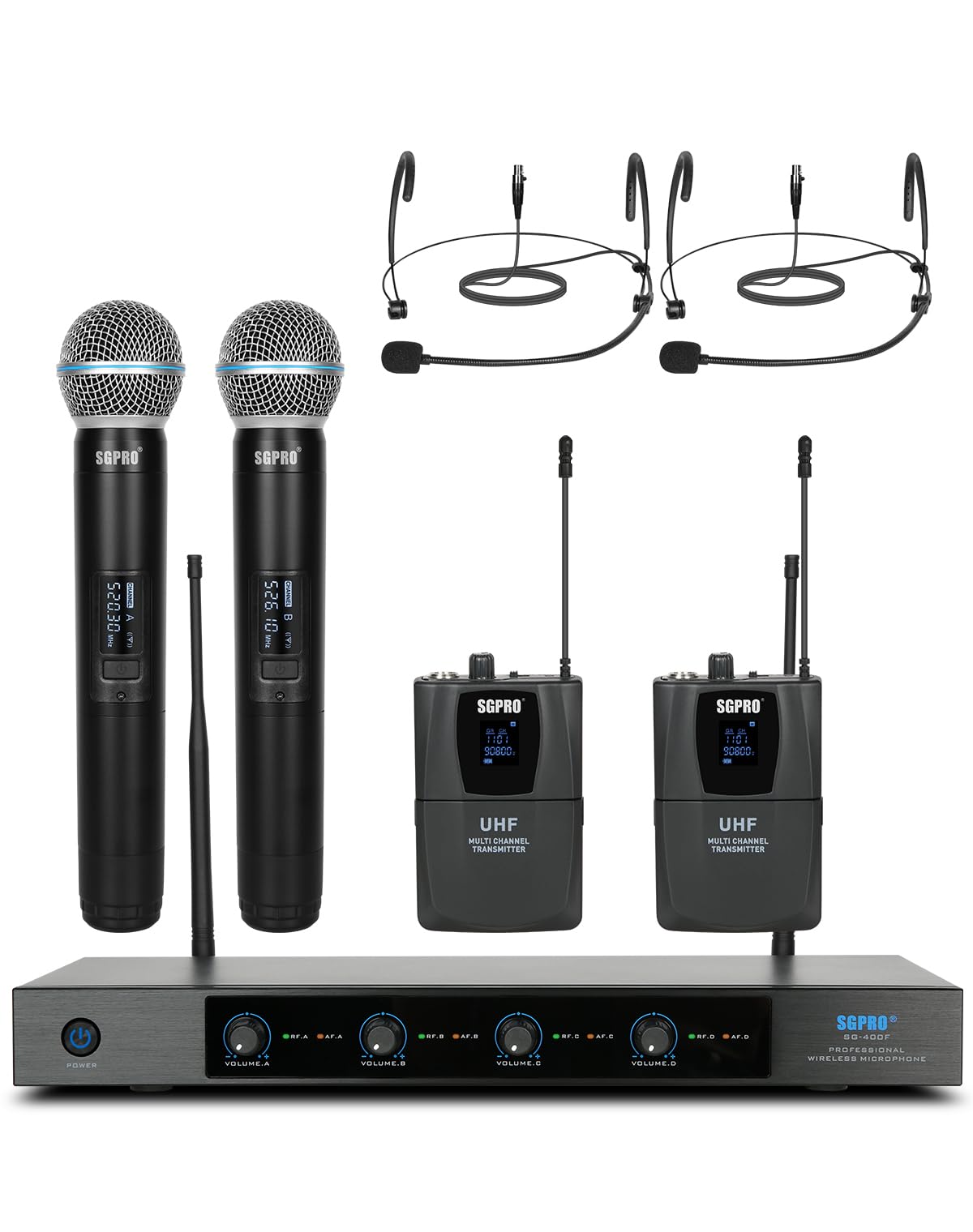 Sgpro 4-Channel Wireless Microphone System - 250Ft Range, Metal Mics & Receiver, Fixed Frequency, 3 Handheld/Headset Configurati
