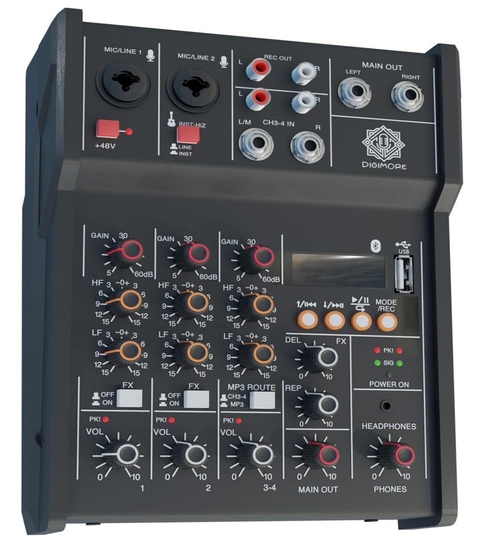 DIGIMORE Audio Mixer 4 Channel for Stage Live Studio Stereo Recording DJ Sound Board Console System Interface with 48V Phantom P