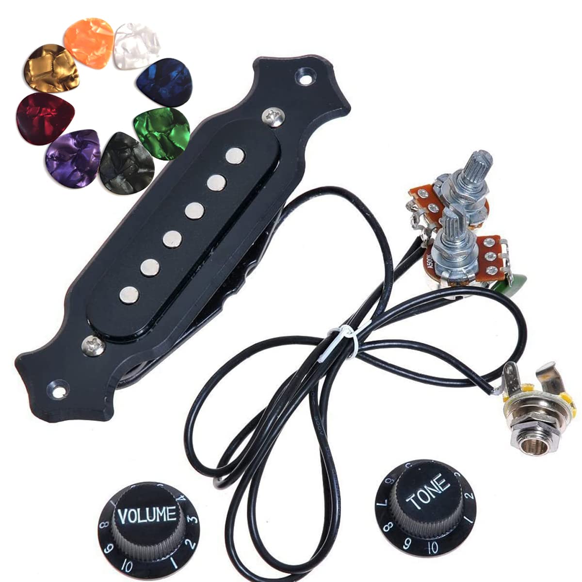 Joinsi 1 Sets Pre-Wired 6-String Cigar Box Guitar Pickup Soundhole Harness With Picks, Volume & Tone For Electric Guitar